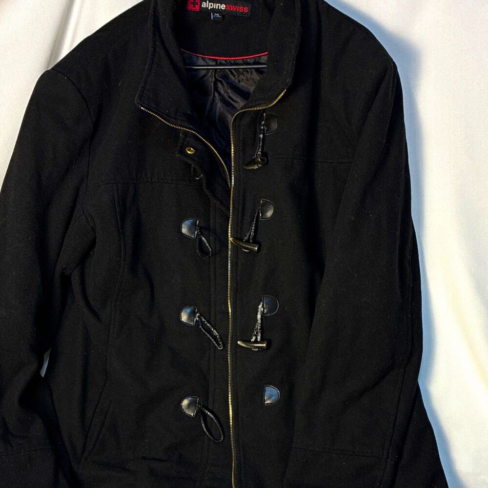 Alpine Swiss Men’s Black Wool Polyester Duffle Coat Toggle Zip Lined 2XL